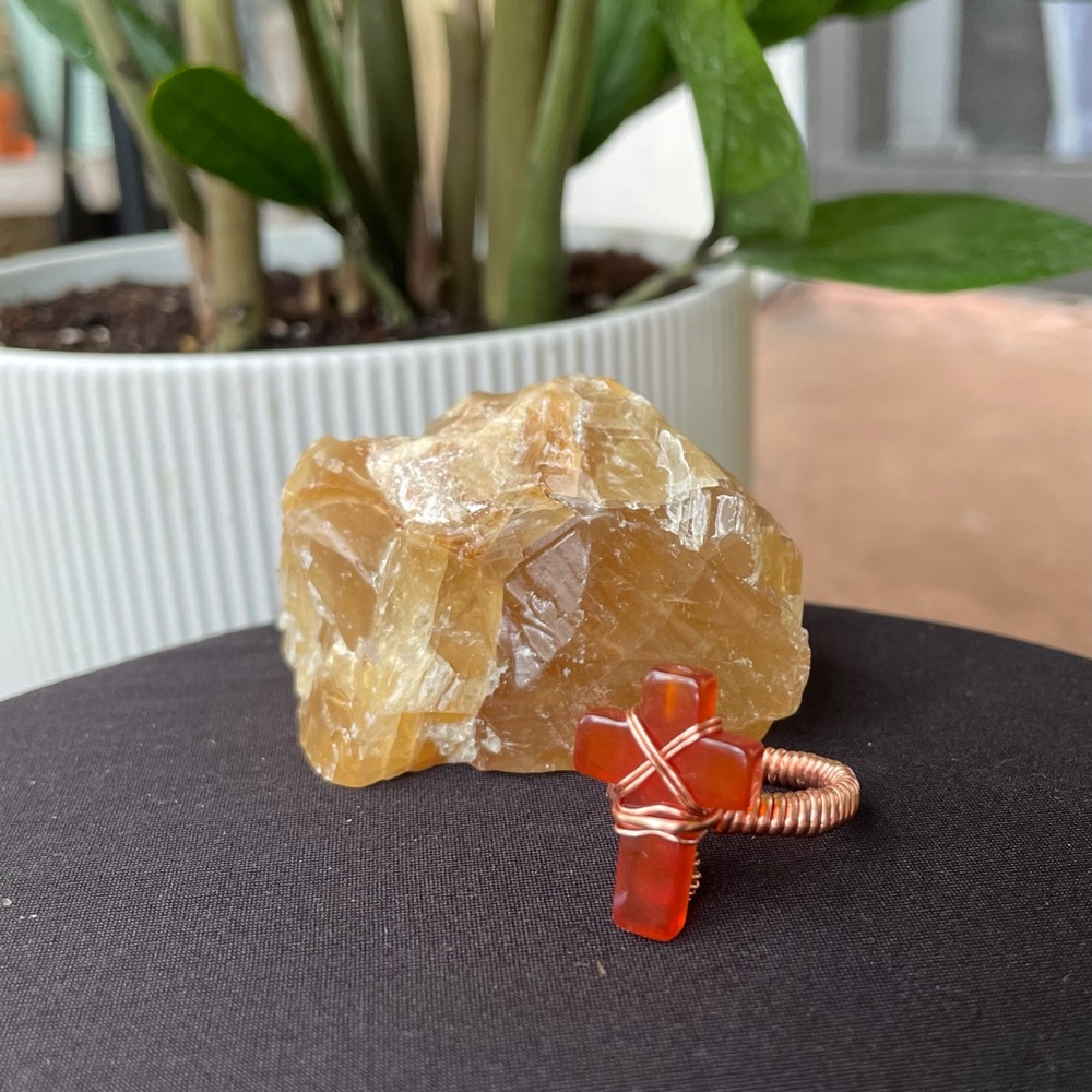 Copper wrapped Carnelian cross ring